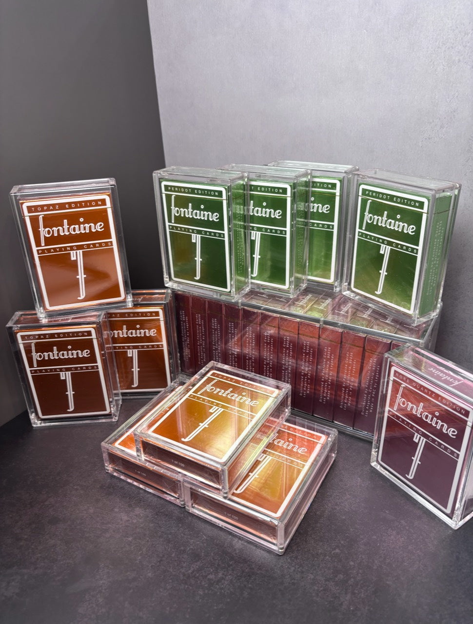 Fontaine Topaz, Peridot and Rose Quartz decks in acrylic cases